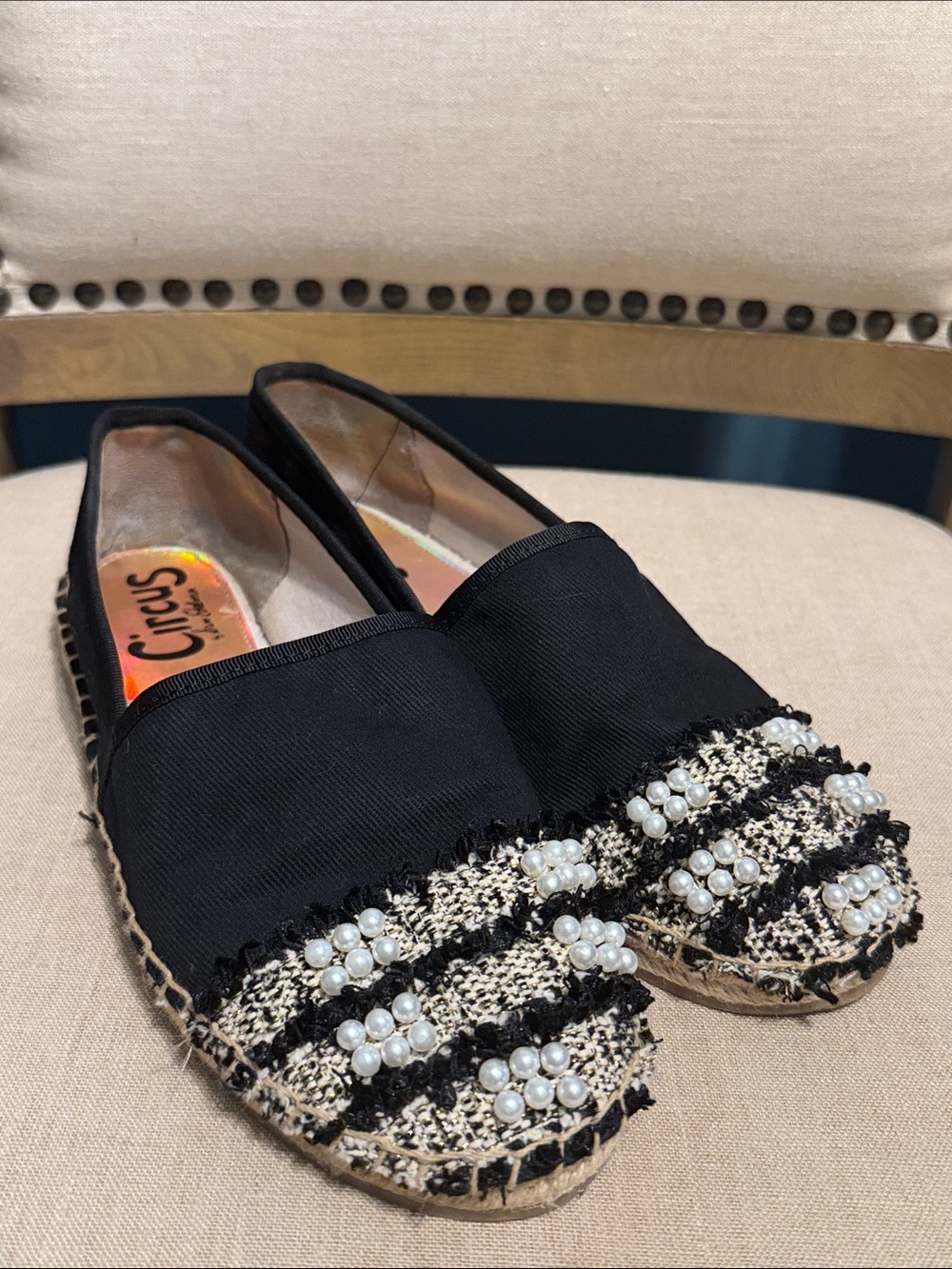 Circus by Sam Edelman Black and Cream Tweed Embellished Espadrille Flats Size 9